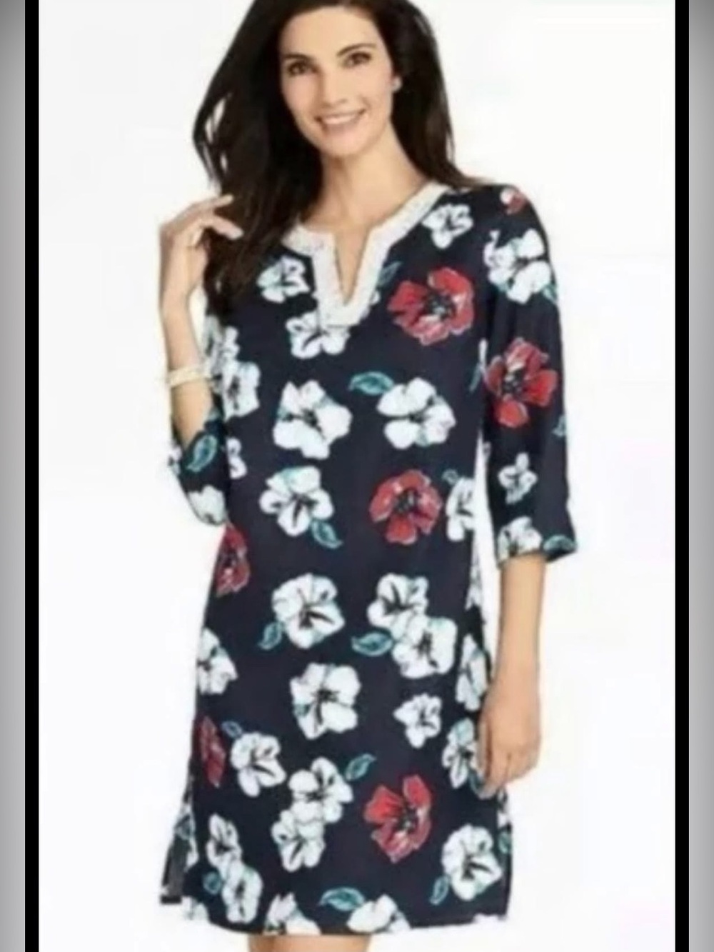 Talbots Navy Floral Long-Sleeve Shift Dress with Red & White Blooms